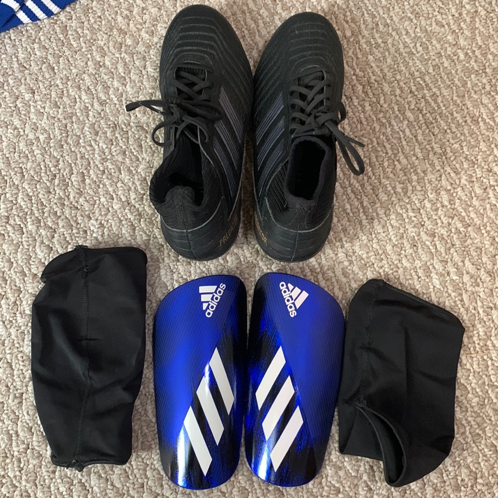 Adidas Predator Soccer Shoes and Adidas Blue shin guards with sleeves